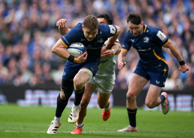 Leinster's Garry Ringrose runs with the ball during the May 2026 European Champions Cup match against Toulon.