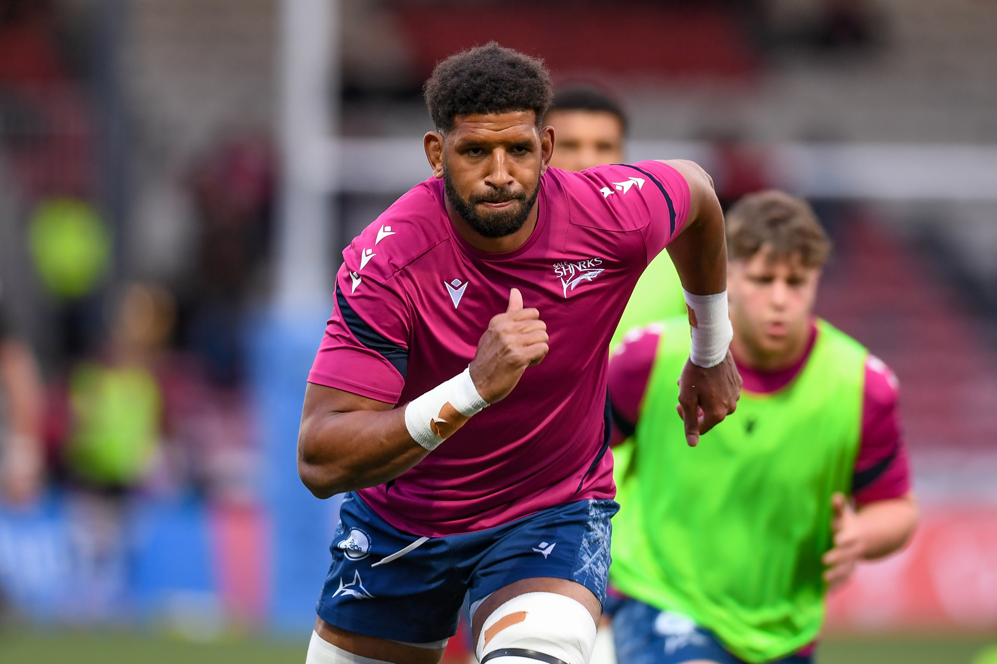 Hyron Andrews of Sale Sharks on a training run during the May 2026 match against Gloucester.