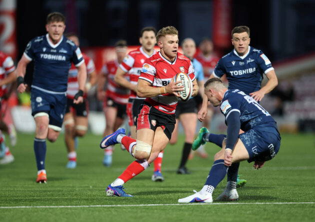 Gloucester’s Charlie Atkinson runs with the ball during the May 2026 Gallagher PREM match against Sale Sharks
