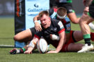 Saracens' Nick Tompkins touches down a try during the May 2026 Gallagher PREM match against Harlequins.