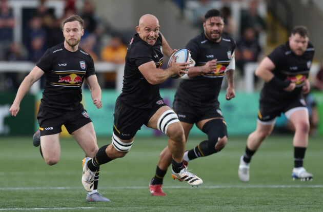 Newcastle Red Bulls' Tom Christie makes a break during the May 2026 Gallagher PREM match against Sale Sharks