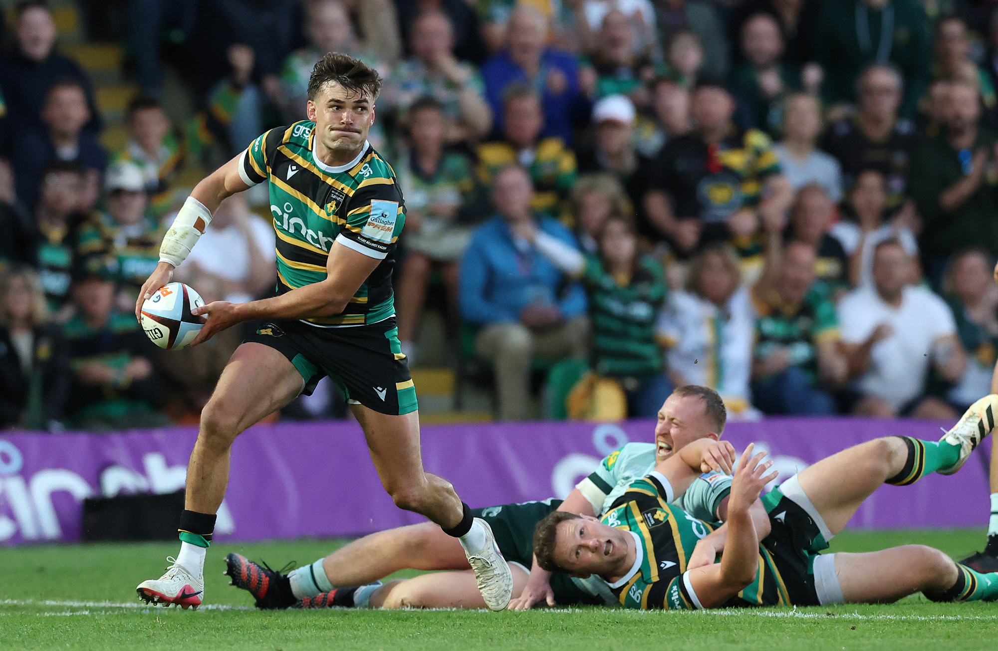 Northampton Saints’ George Furbank runs with the ball during the 2026 Gallagher PREM semi-final against Leicester Tigers.