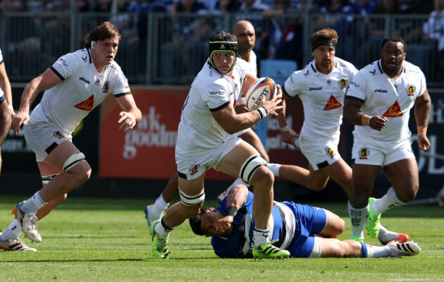 Exeter Chiefs' Ross Vintcent runs with the ball during the 2026 PREM semi-final against Bath Rugby.