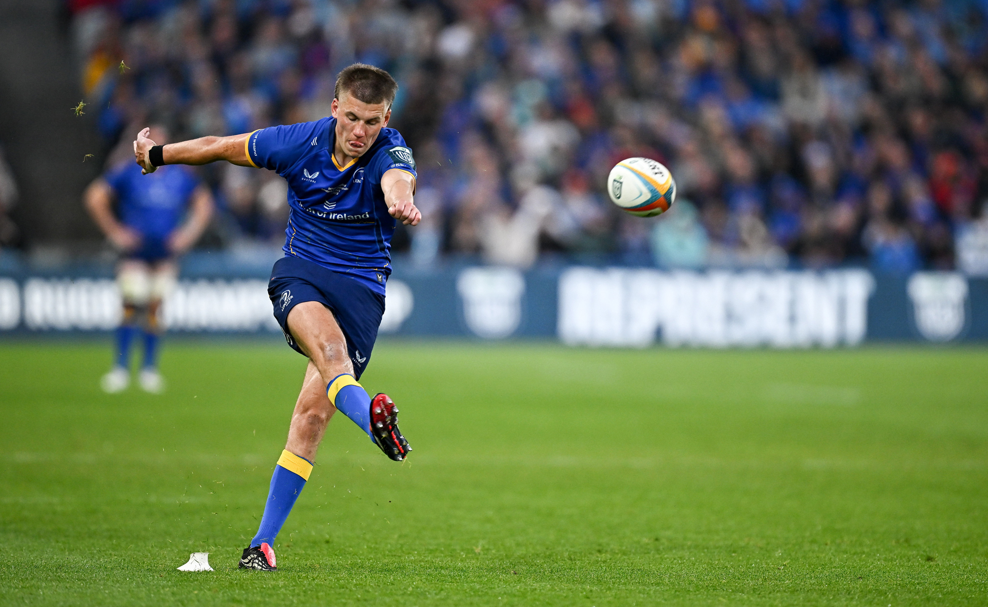 Leinster's Sam Prendergast kicks a penalty during the 2026 URC final against the Bulls.