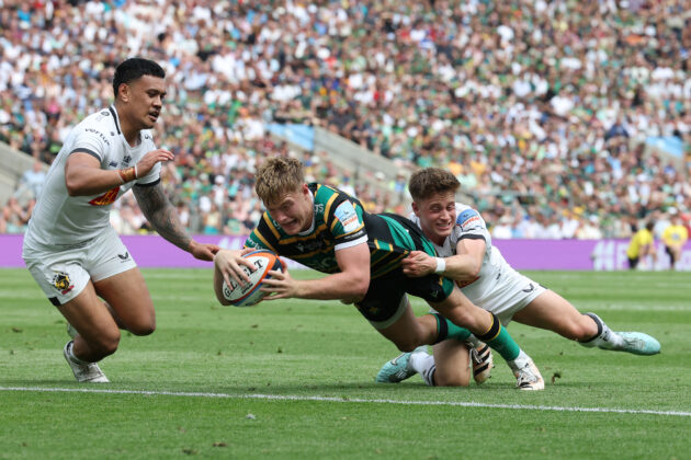 Northampton Saints' Fin Smith scores a try during the 2026 PREM Rugby final against Exeter Chiefs