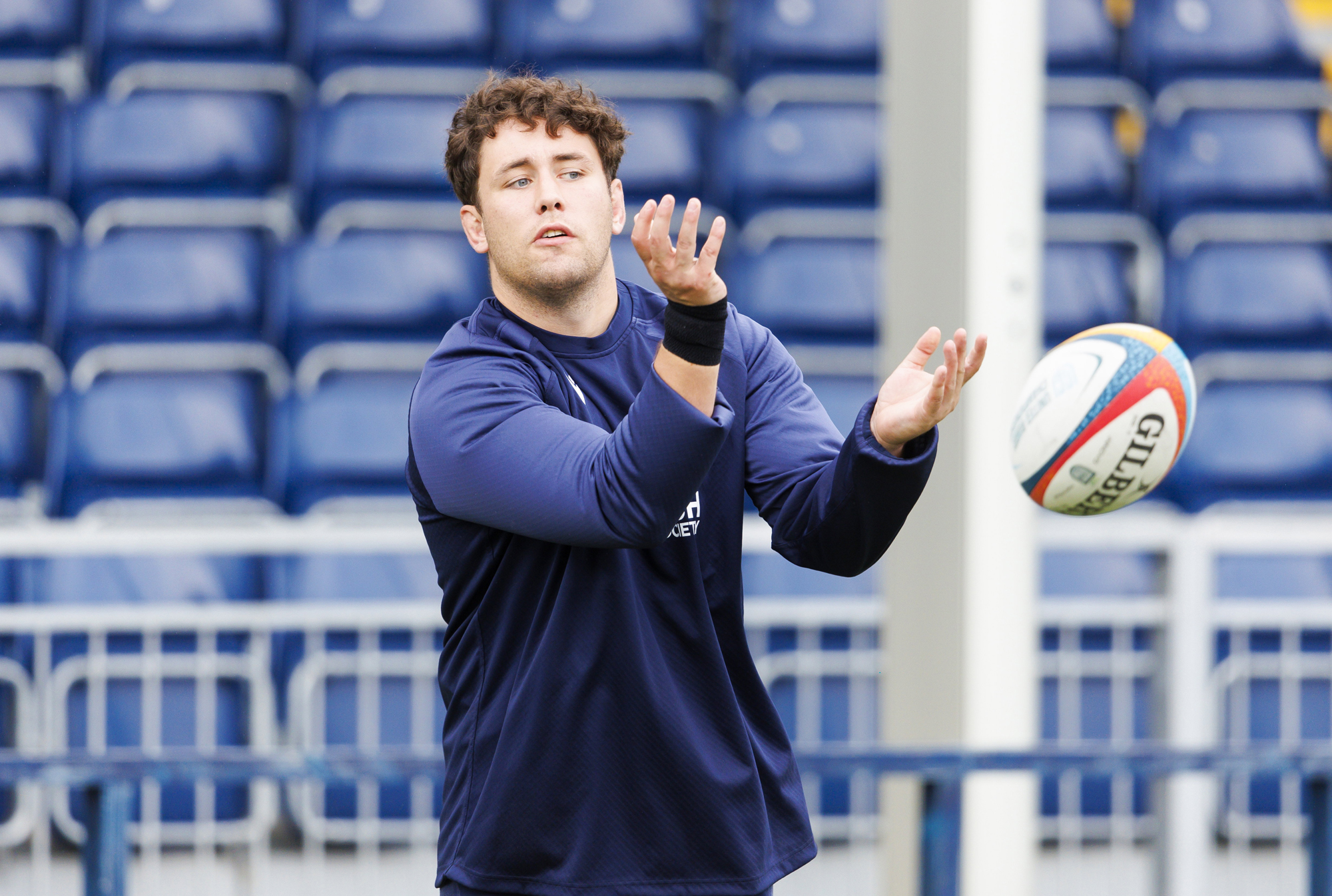 Edinburgh's Riley Higgins passes the ball during a media session at the Hive Stadium ahead of the 2026-27 season.