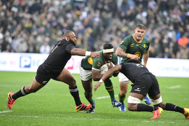 South Africa's Siya Kolisi takes the ball into contact during the third Greatest Rivalry Test against New Zealand in 2026.