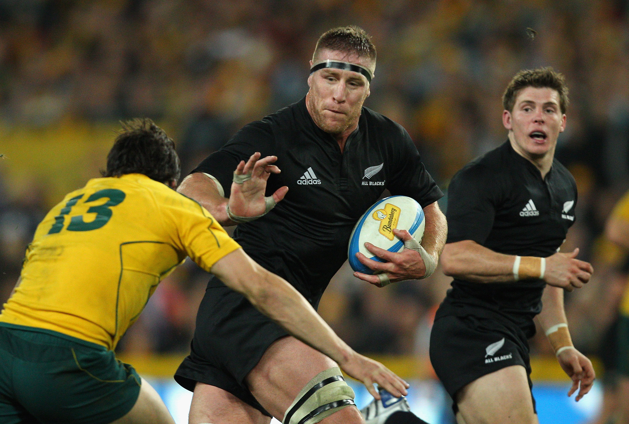 New Zealand's Brad Thorn bowls Australia during a Tri-Nations clash in September 2010.