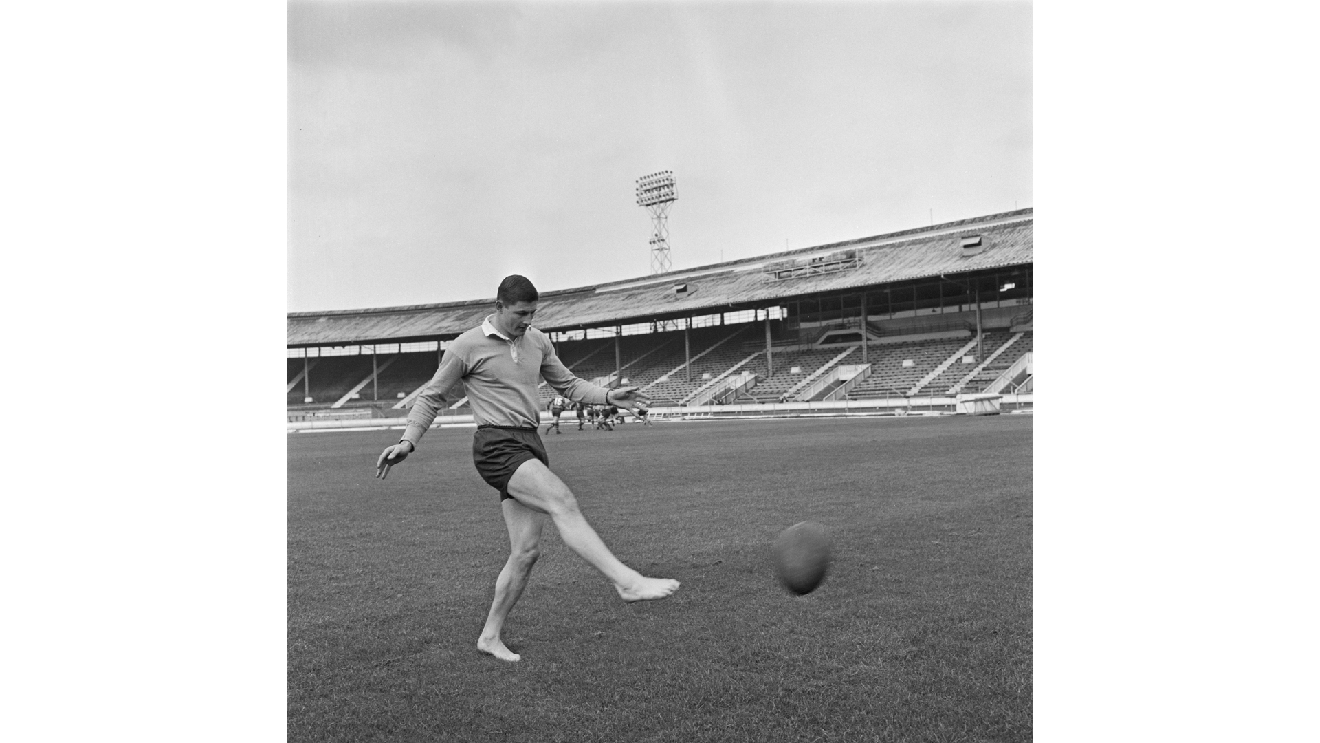 Michael Cleary of the Australian Rugby League, training at White City Stadium in London during the 1963-64 Kangaroos tour of Britain and France