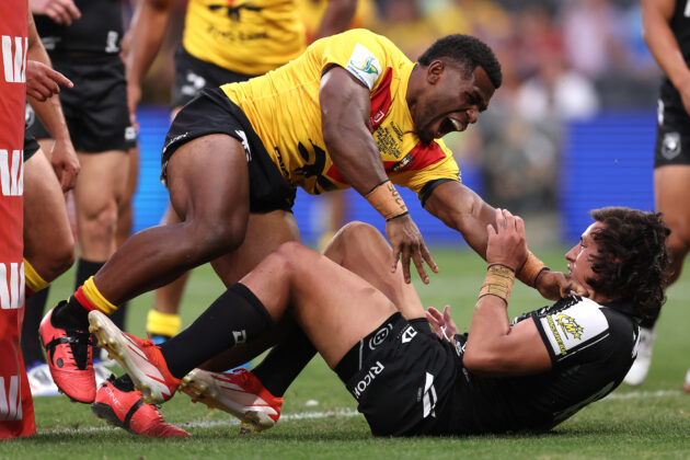 Papua New Guinea's Sylvester Namo celebrates a try during a 2024 Pacific Championships match against New Zealand