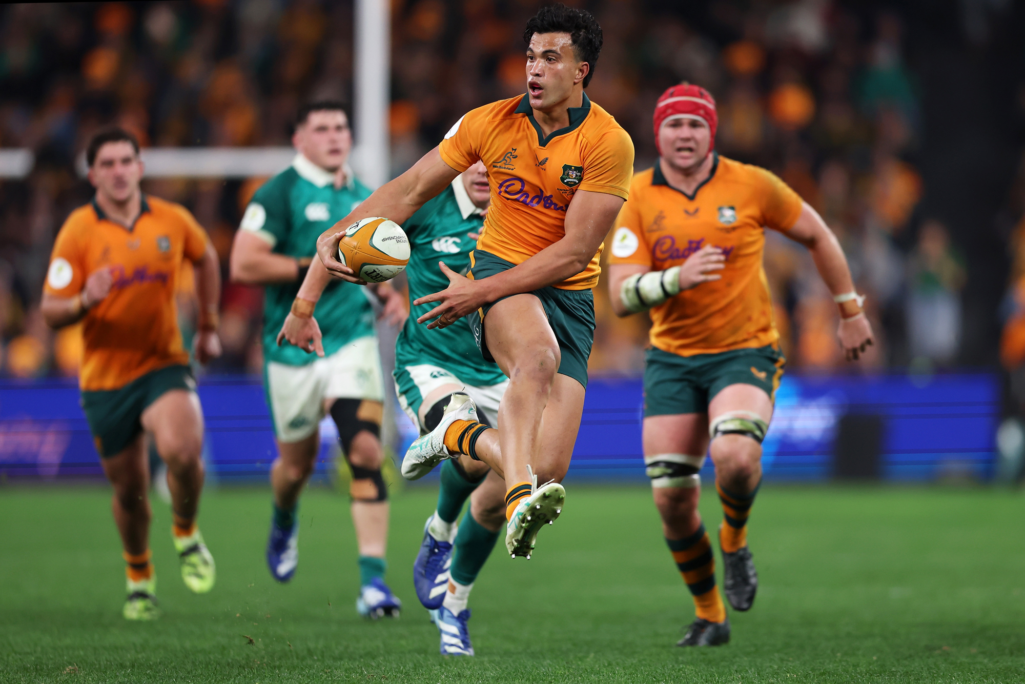 Joseph-Aukuso Suaalii of Australia gathers the ball during the 2026 Nations Championship match against Ireland