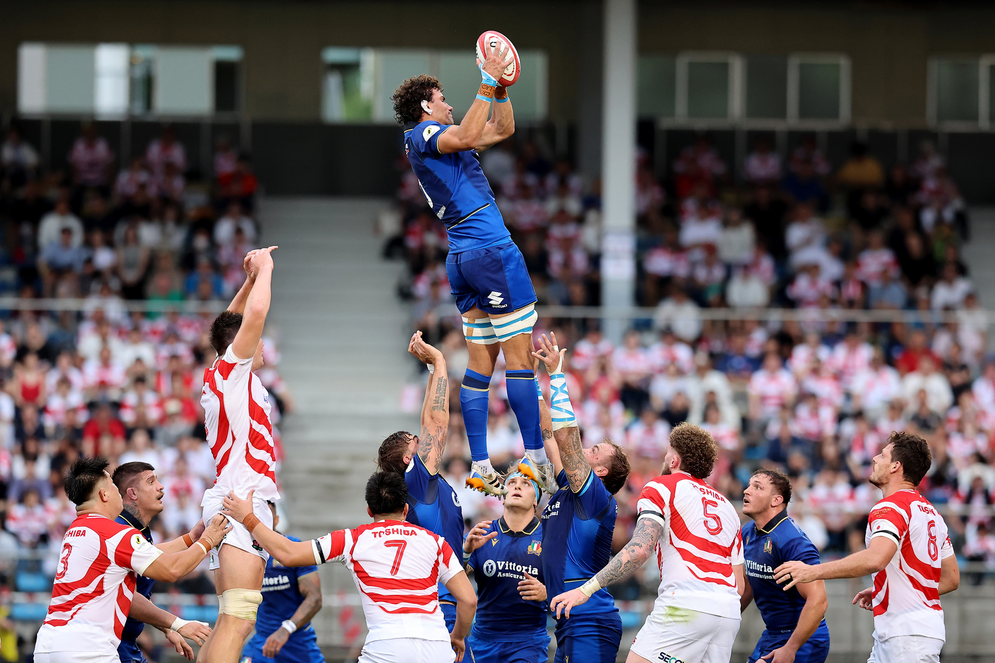 Italy's Andrea Zambonin wins a lineout during the 2026 Nations Championship match against Japan