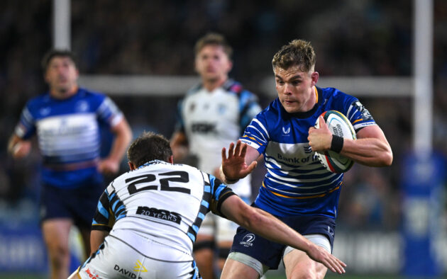 Leinster's Garry Ringrose is tackled by Cardiff's Jarrod Evans during the sides' October 2026 United Rugby Championship encounter
