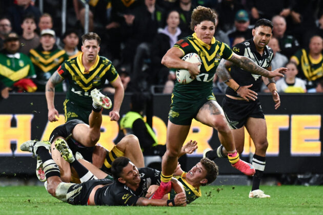 Australia's Reece Walsh runs with the ball during the Rugby League World Cup 2026 match against New Zealand