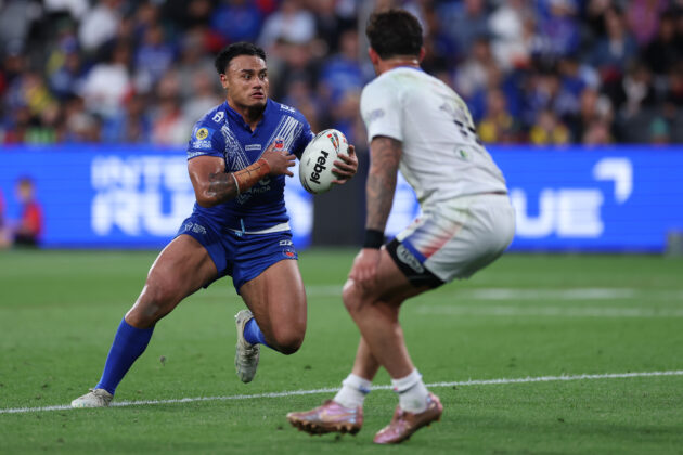 Samoa's Spencer Leniu runs with the ball during the team’s 2026 Men’s Rugby World Cup match against France.