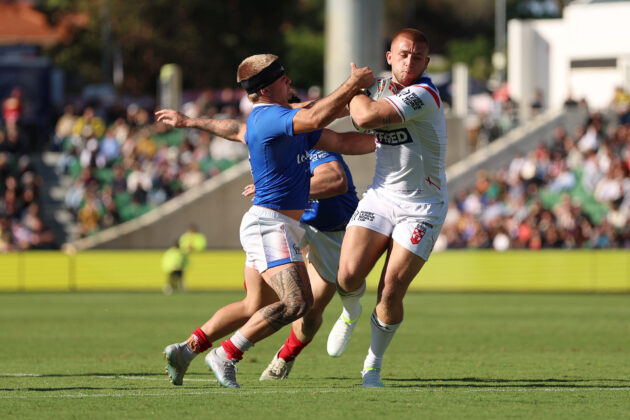 England’s Mikey Lewis scores a try during the 2026 Rugby League World Cup match against France