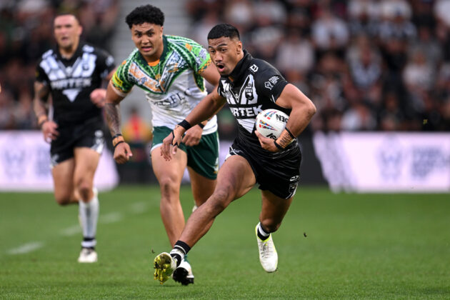 Ronaldo Mulitalo of New Zealand runs with the ball during the 2026 Rugby League World Cup match against Cook Islands