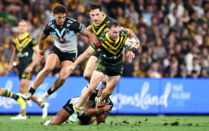 Australia's Sam Walker runs with the ball during the 2026 Rugby League World Cup match against Fiji