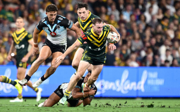Australia's Sam Walker runs with the ball during the 2026 Rugby League World Cup match against Fiji